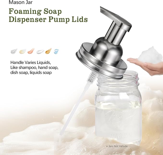 Amolliar Mason Jar Foaming Soap Dispenser Lids, Plastic Foam Pump Lids for Regular Mouth, Foaming Replacement Pump Set, Farmhouse Kitchen BathroomShower, Includes Waterproof Stickers - 4 Pack, Silver