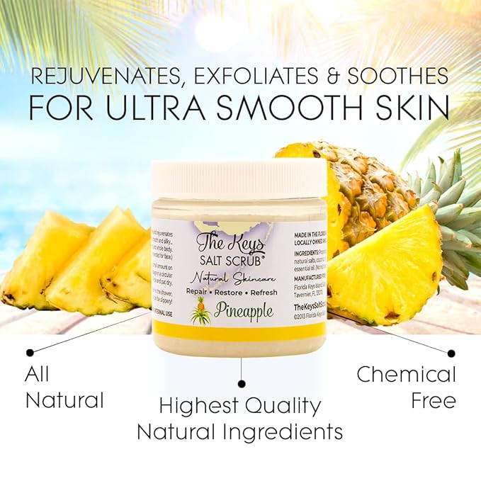 The Keys Salt Scrub -Sea Salt Scrub - Exfoliating Body Scrub with Wooden Spoon - Moisturizing Exfoliator for Hands, Foot, Bath, (3.4 Ounce (Pack of 3), Pineapple)