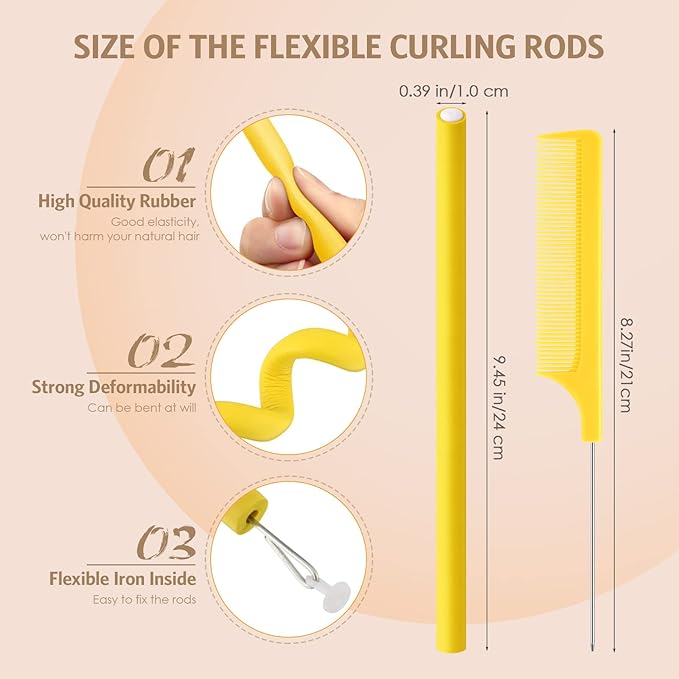 WILLBOND 60 Pieces Flexible Curling Rods Hair Curlers Rollers Twist Flexi No Heat Rods Rollers for Long Short Hair Women(0.4 x 9.5 Inch,Yellow)