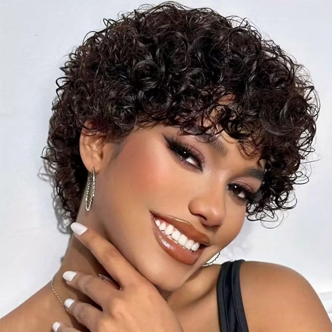 Adette Brazilian Human Hair Wig - 6 Inch Short Curly Style 180% Density for Black Women, Natural Black Color with Bangs