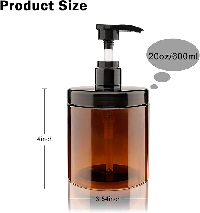 Pump Bottle Dispenser 3 Pcs 600ml/20oz Refillable Plastic Pump Bottles Wide Mouth Jar Style BPA Free Empty Pump Bottles Bathroom Shower Containers for Lotion Shampoo Conditioner (Brown)