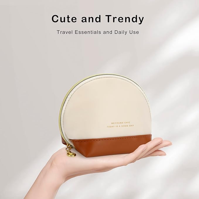 Small Makeup Bag Travel Cosmetic Bag Toiletry Zipper Pouch Make Up Organizer Bag with Handle Purse for Women Soft PU Leather Skincare Case (S01-Beige)