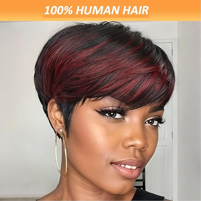 Adette Basic Pixie Cut Wig Straight Style - 1B/99J Burgundy Highlight 180% Density Brazilian Virgin Human Hair with Rose Net Cap, Glueless Machine Made for African American Women, Cosplay & Daily Wear