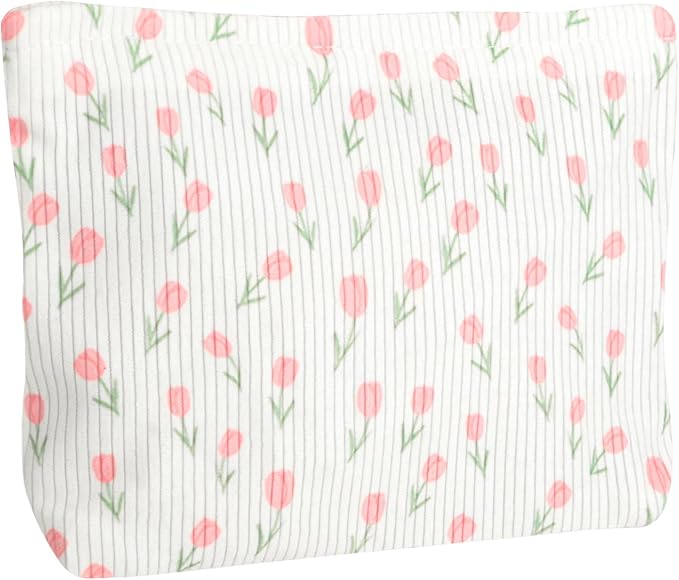 Cute Floral Makeup Pouch for Women Small Make Up Bag for Purse Zipper Initial Makeup Cosmetic Bags Pouches for Purse Aesthetic Travel Toiletry Bags, Pink Rose
