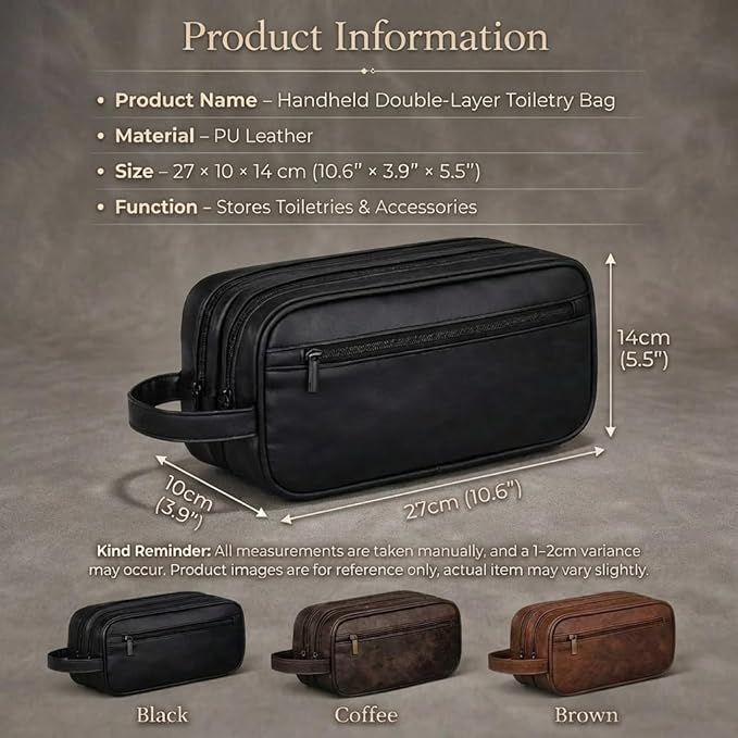 Men’s Toiletry Bag Travel Dopp Kit – double-deck PU Leather Water-Resistant Shaving Organizer Large Capacity, Double Compartments & Inner Pockets for Grooming, Bathroom & Gym Trip Toiletry Case(Black)