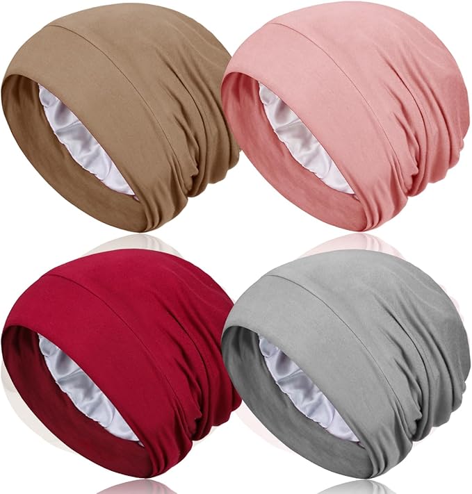 4 Pieces Satin Lined Sleep Bonnet - Adjustable Sleeping Cap Slouchy Beanie Hat for Curly Hair