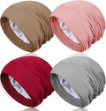 4 Pieces Satin Lined Sleep Bonnet - Adjustable Sleeping Cap Slouchy Beanie Hat for Curly Hair