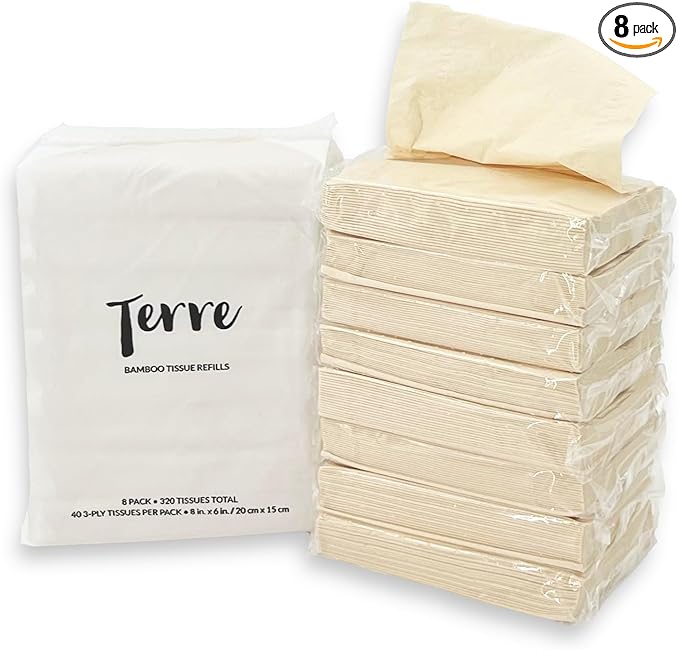 Terre Bamboo Car Tissue Refills, 3-Ply, Unbleached, 8 Pack (320 Sheets Total), FSC-Certified, Facial Tissues Refills for Car Visor Tissue Holder, Travel Tissue Tubes Box Container, Sustainable