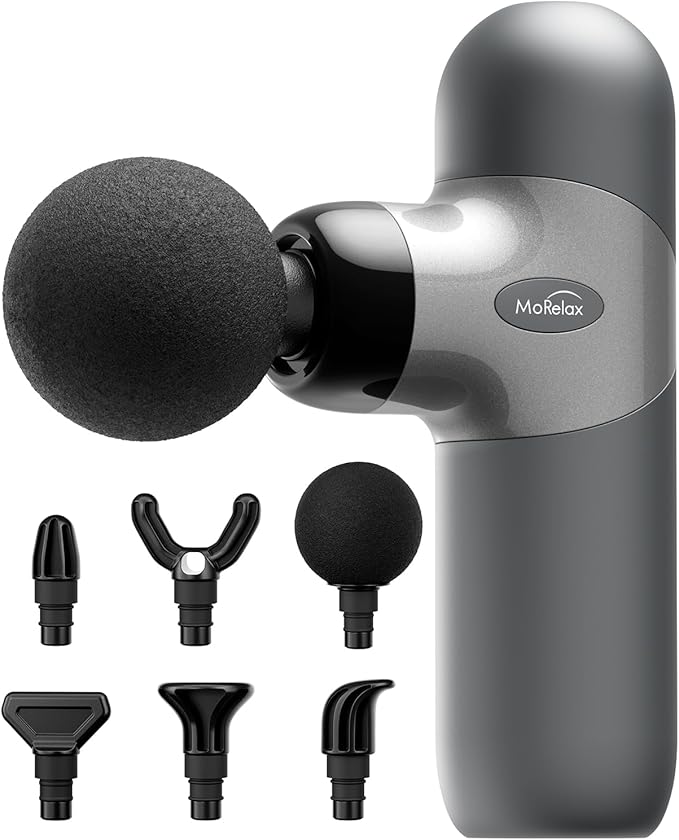 Morelax Mini Massage Gun, Percussion Muscle Massager for Back Pain Relief, Compact Sports Travel Massage Gun with 6 Massage Heads 4 Speeds, Gift for Her, Home, Athletes