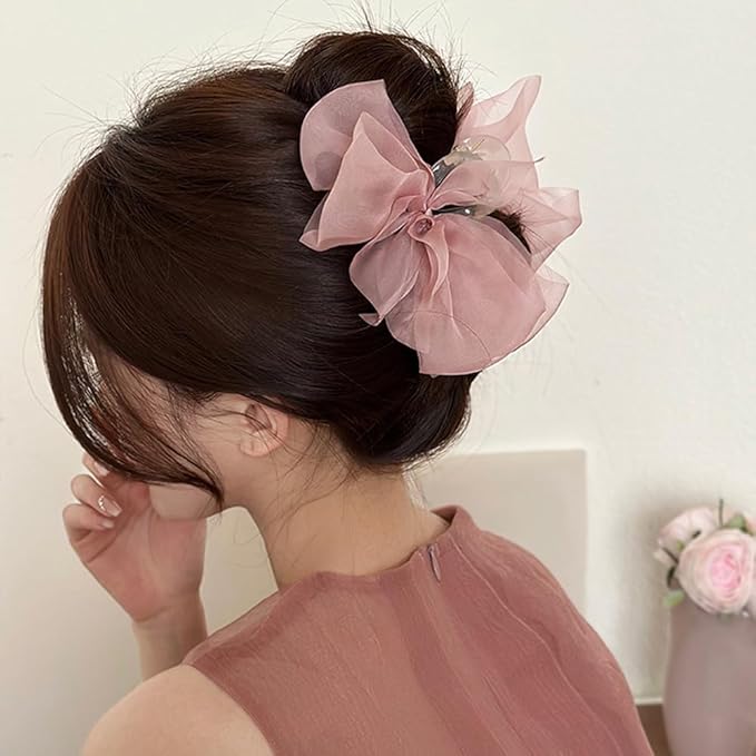 Elegant Mesh Tulle Hair Claws with Large Bowknot - Chiffon Hair Clips for Thick Hair and Women's Hair Accessories
