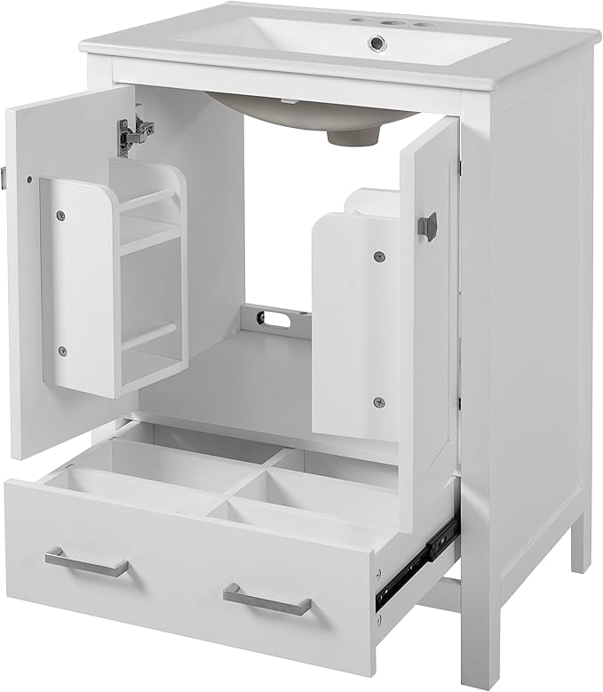 Bellemave 24" Bathroom Vanity with Sink Combo Set, Solid Wood Frame Bathroom Storage Cabinet with a Drawer, 2 Soft Closing Cabinet Doors with Organizer, White