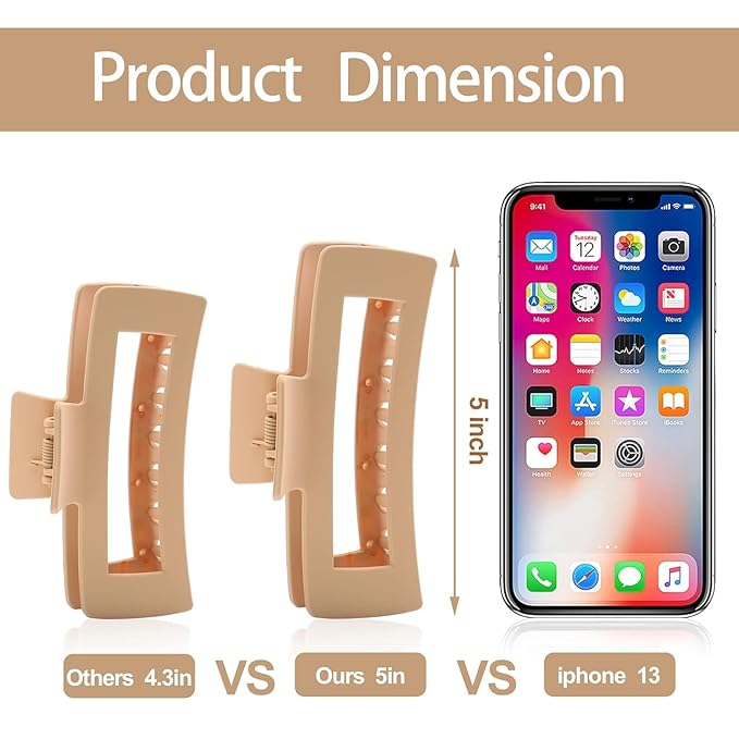 4 PCS 5 Inch Extra Large Claw Clips for Women, Large Jumbo Claw clips for Thick Long Curly Hair, Oversized Matte Non-slip Rectangle, Durable Strong Hold Hair Clip, Non-slip Square Jaw Clips