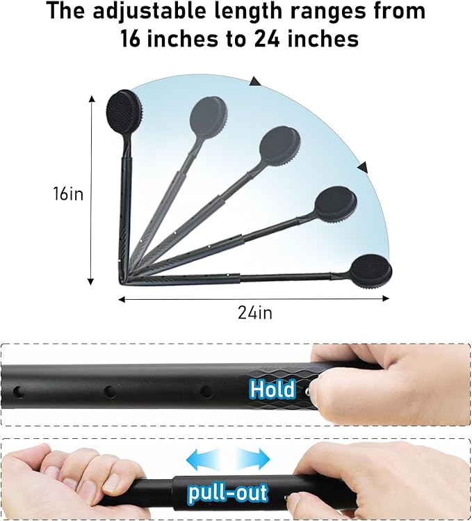 OZNER 24 Inches Silicone Back Scrubber for Shower - Extendable Long Handle Shower Brush with Dual-Sided Bristles - Exfoliating Body Scrubber for Sensitive Skin - Perfect for Men & Women (Black)