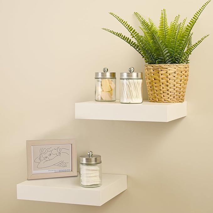 SheeChung 4-Pack Glass Qtip Holder Dispenser - Rust-Proof Stainless Steel Apothecary Jars with Labels -Bathroom Organizer for Cotton Swabs, Balls, Pads-Sleek Countertop Canister (Brushed Nickel)