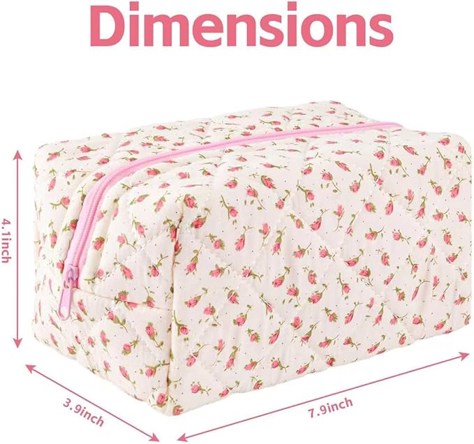Floral Makeup Bag,Floral Quilted Makeup Pouch,Large Cosmetic Bag,Fashionable Travel Makeup Pouch, Cute Pink Makeup Bag,Puffy Coquette Make up Bag, Attractive Quilted Make up Bag
