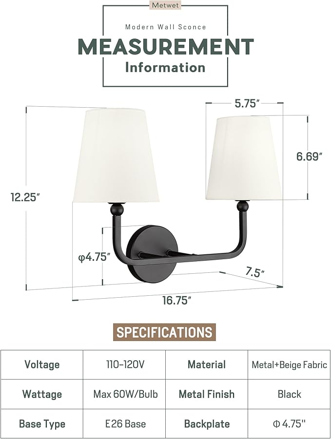 2-Light Bathroom Light Fixtures, Matte Black Vanity Lights, Double Wall Sconce with Beige Fabric Shade, Modern Sconces Wall Lighting for Hallway Bedroom Stairway, VL837-MB-B-2