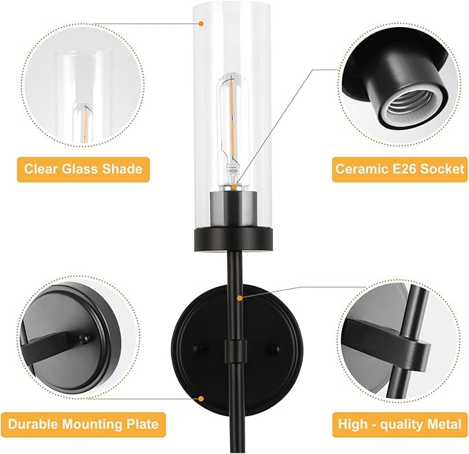 WILON Black Wall Sconces Set of 2, Bathroom Sconces Vanity Light Fixtures with Clear Glass Shades, Indoor Rustic Farmhouse Wall Lamps for Bedroom Living Room Bathroom Bedside Hallway Mirror