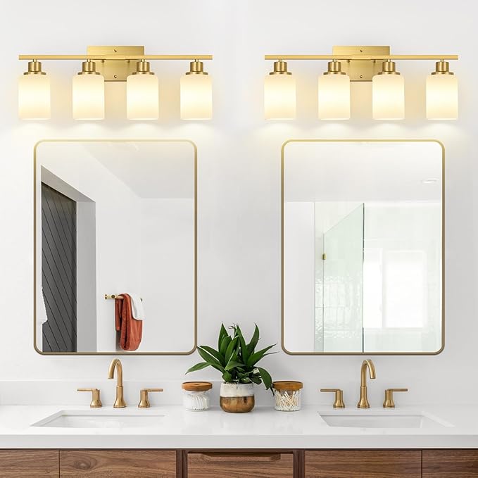 4-Light Bathroom Light Fixtures, Brushed Gold Vanity Lights with Milk Glass Shades, Modern Bathroom Wall Lamp for Mirror Living Room Bedroom Porch