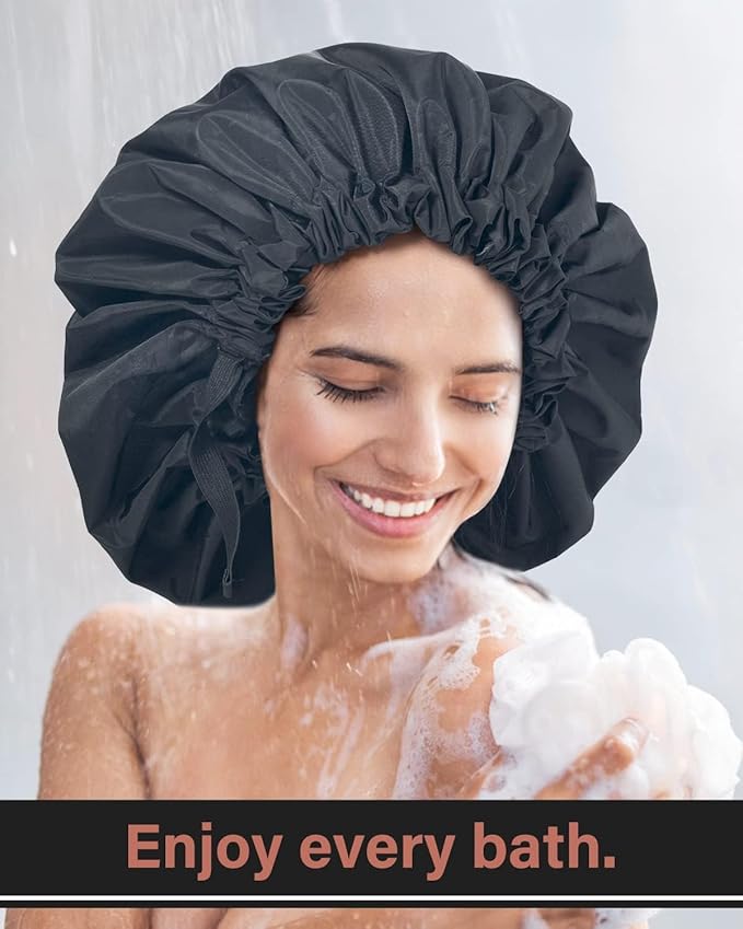 Aquior Shower Cap for Women, Extra Adjustable Shower Caps for Women Double-Layer Waterproof Reusable Hair Cap, Large Size Hair Cap for All Hair,for Girls Spa Bath,Soft and Comfortable (Back)