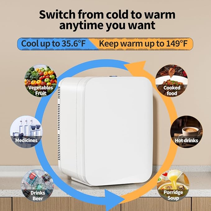 10L Portable Mini Fridge, AC/DC Thermoelectric Cooler and Warmer, Compact Refrigerator with Removable Shelves for Bedroom, Office, Dorm, Car, Camping, Skincare & Food Storage (White 16L)
