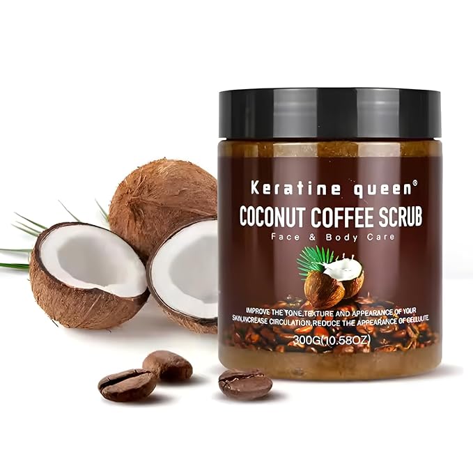 Keratine Queen Face & Body Scrub, Coconut Coffee (10.58 oz) – Exfoliating & Moisturizing Blend with Premium Coffee Grounds and Coconut Oil for Smooth, Radiant Skin