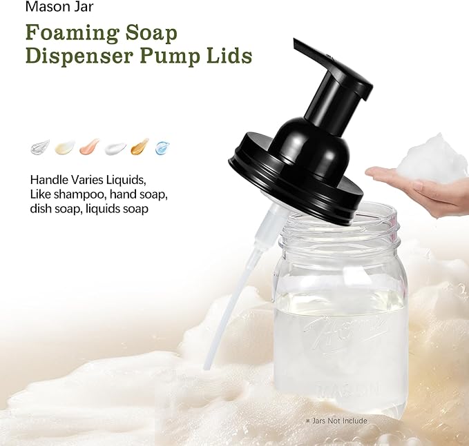 Amolliar Mason Jar Foaming Soap Dispenser Lids, Plastic Foam Pump Lids for Regular Mouth, Foaming Replacement Pump Set, Farmhouse Kitchen BathroomShower, Includes Waterproof Stickers - 4 Pack, Black