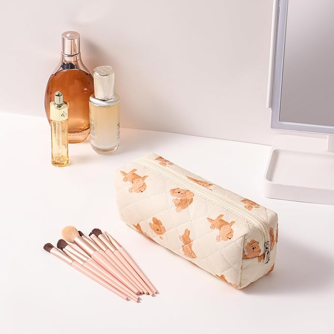 Cute Floral Makeup Brush Bag Small Cotton Quilted Cosmetic Bag for Women Travel Toiletry Zipper Make Up Pouch (Little dog)