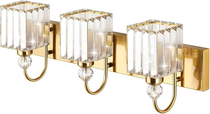 Ralbay Modern Gold Crystal Vanity Lights for Bathroom 3-Lights Crystal Vanity Lights Over Mirror Modern Crystal Gold Bathroom Wall Lighting Fixtures