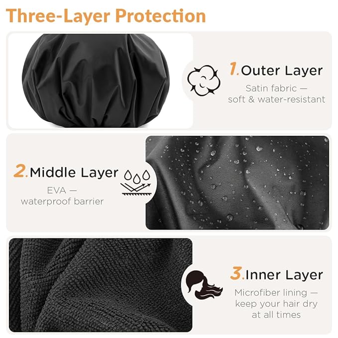 Shower Cap for Women, 2-in-1 Reusable Waterproof Shower Cap with Terry Cloth Lining, Bath Cap for Long Curly Thick Hair(Black)