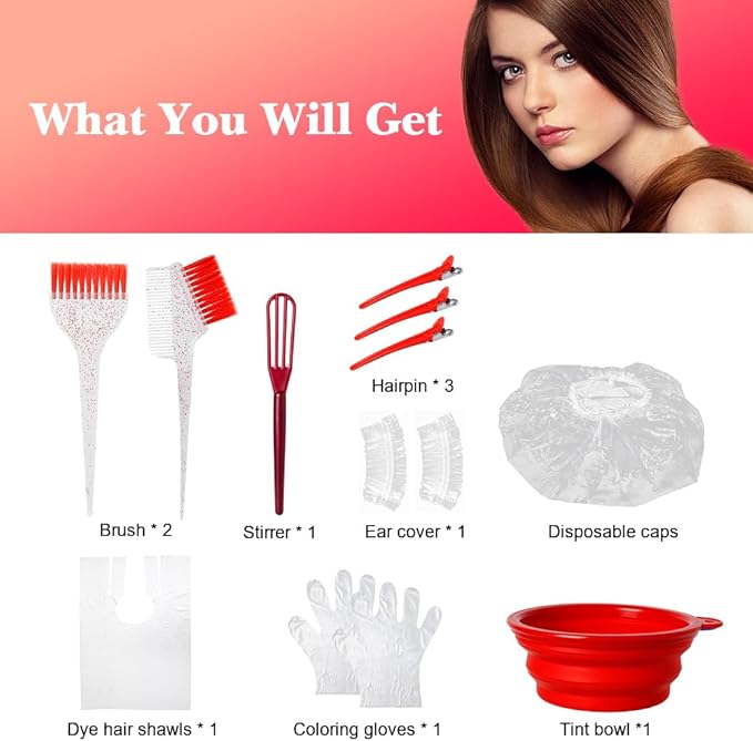 Hair Dye Color Brush and Bowl Set, Color Bowl Brushes Tool Mixing Bowl Kit Tint Comb for Hair Tint Dying Coloring Applicator (Red&Clear)