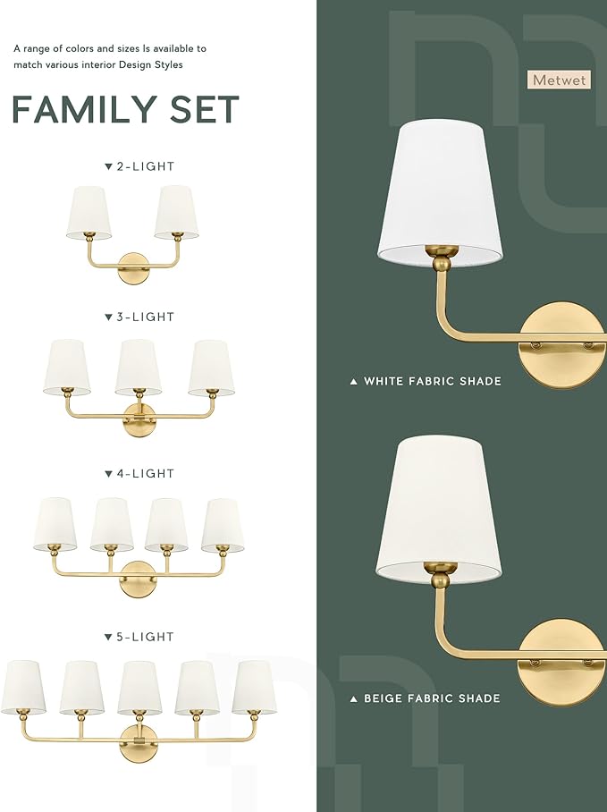 Bathroom Light Fixtures, Brushed Gold Vanity Lights with Beige Fabric Shade, 3-Light Wall Sconce, Modern Sconces Wall Lighting for Hallway Bedroom, VL837-BG-B-3