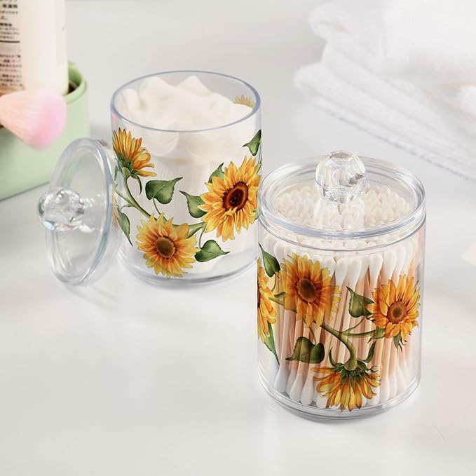 2 Pack Qtip Holder Dispenser for Cotton Ball Sunflower Wreath Cotton Swab Round Pads Clear Plastic Acrylic Jar Set Bathroom Canister