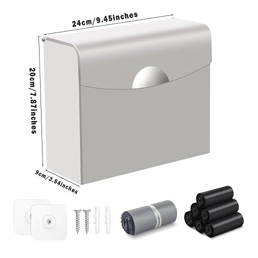 Sanitary Napkin Receptacle with Hygiene Disposal Bags and Trash Bag, 9.4x7.8x3.5 inches Stainless Steel Wall Mounted Feminine Hygiene Bin for Bathroom, Office (Silver)