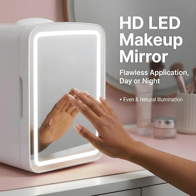 4L Mini Skincare Fridge with Dimmable LED Mirror, Portable Beauty Refrigerator for Makeup, Cosmetic, Personal Small Refrigerator with Cooler and Warmer for Bedroom, Office and Car (White-4L-LED light)