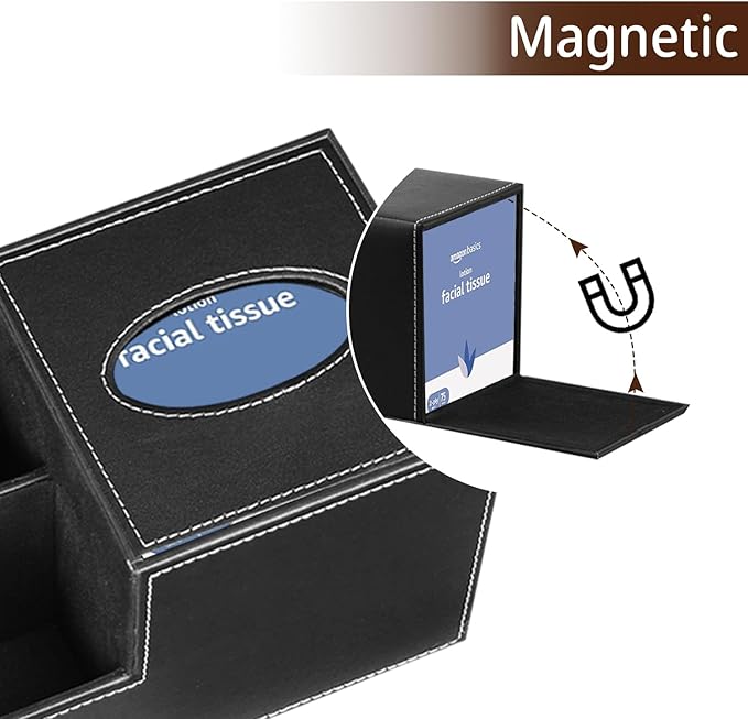 PU Leather Square Tissue Box Cover - Multi-Functional Tissue Box Holder, Tissue Box Cover with Storage,Tissue and Remote Control Holder, Cube Tissue Box Organizer Bedroom Nightstand End Table