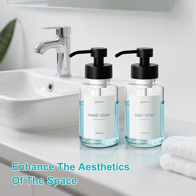 Foaming Hand Soap Dispenser, 14.1 oz/400ml Foaming Soap Dispenser, 2 Pack Glass Foaming Dispenser for Bathroom & Kitchen, Clear Refillable Liquid Dispenser Bottle with Waterproof Labels