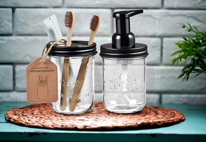 SheeChung Mason Jar Foaming Soap Dispenser, Glass Foaming Hand Soap Dispensers, Stainless Steel Lid, Refillable Foam Soap Dispenser for Bathroom Kitchen, Farmhouse Bathroom Decor (2 Pack, Black)