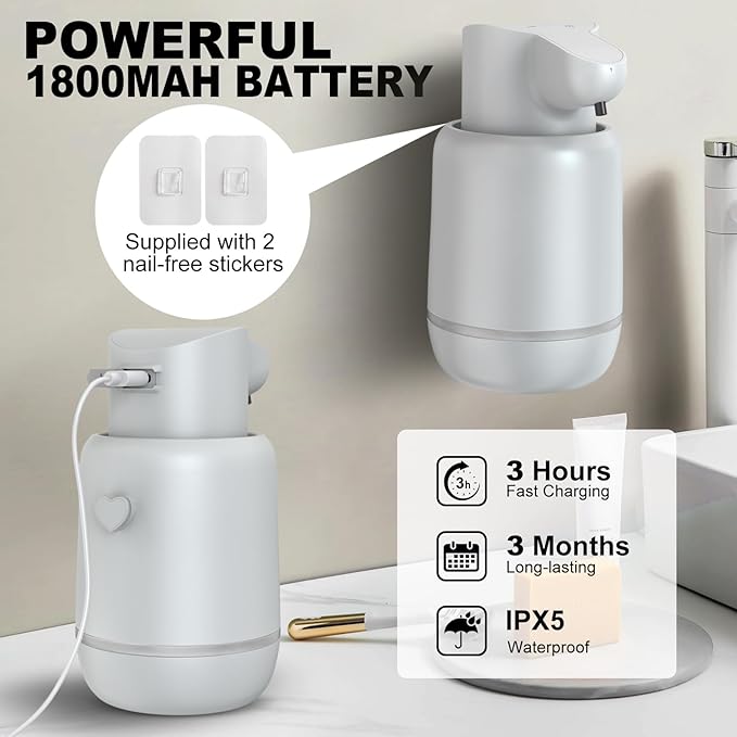 Automatic Foaming Soap Dispenser 15oz/420ml Foaming Hand Sanitizer Touchless Wall Mount with 4levels Adjustable Free Touch Electric Soap Dispenser Rechargeable with Sensor(Grey)