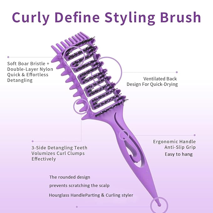 Curl Defining Brush, Curly Hair Brush for Detangling Shaping and Styling Curly Hair, Vented Candy Brush for Wet or Dry Hair Types for Women and Girl, Defining with Side Gear, Reduces Frizz (Purple)