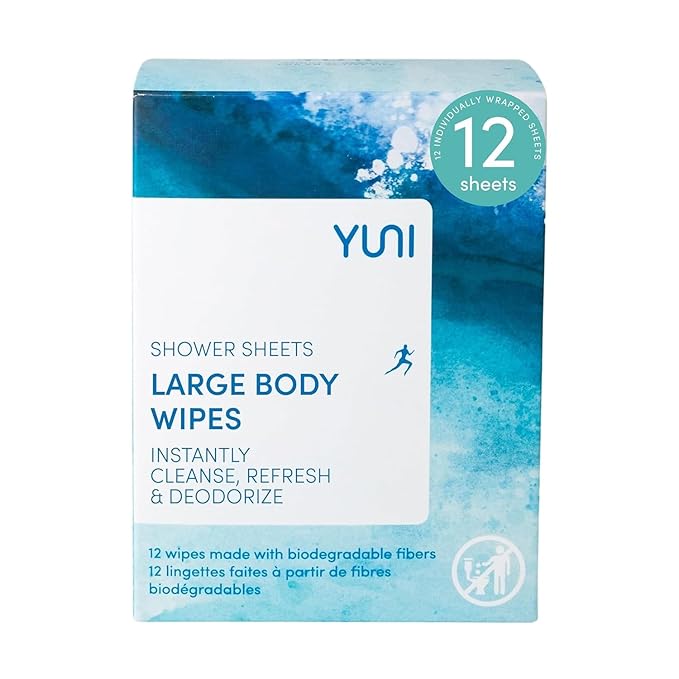 YUNI Beauty Large Body Wipes, Peppermint Citrus, 12 Count, Compostable, Biodegradable, No Rinse Body Cleanser, On-the-Go Shower Alternative
