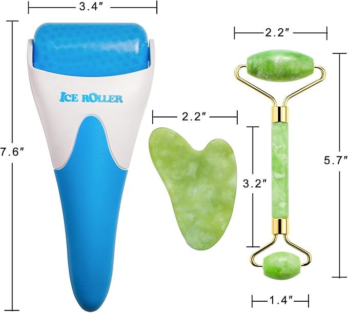AECW 3-in-1 Natural Stone Jade Roller and Gua Sha Set for Face and Eye Ice Roller Facial Cooling Massage Roller