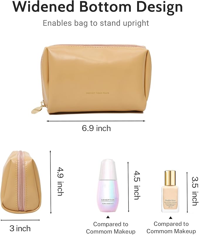 Aveniee Small Travel Makeup Bag, Vegan Leather Pouches for Purse, Cosmetic Case for Women, Toiletry Organizer for Travel Car Accessories with Divider & Zippers - Camel