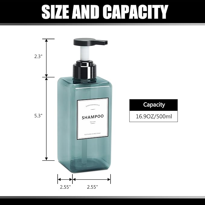 Soap Dispenser Bathroom, YACEYACE 16.9oz Set of 3 Clear Blue Shampoo Bottles, Refillable Pump Bottles Shampoo Dispenser, Soap Dispenser for Kitchen