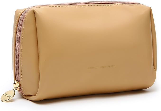 Aveniee Small Travel Makeup Bag, Vegan Leather Pouches for Purse, Cosmetic Case for Women, Toiletry Organizer for Travel Car Accessories with Divider & Zippers - Camel