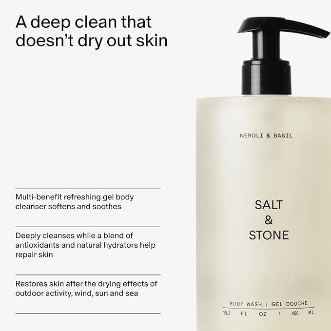 Salt & Stone Body Wash with Antioxidants for Deep Moisture | For Women & Men, Sulfate, Paraben, & Dye Free, Leaving Skin Soft and Hydrated | Neroli & Basil 15.2 fl oz