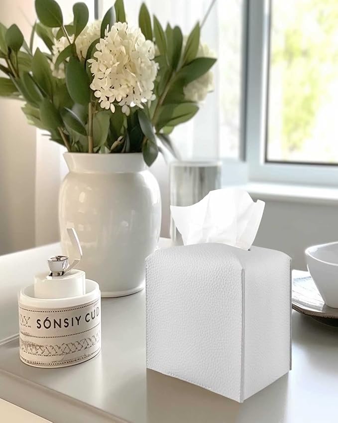 Tissues Cube Box Cover Leather – with Bottom Belt [JESMINI, Light Gray] Decorative Tissue Box Cover for Bathroom Vanity Countertop/Night Stands/Office Desk