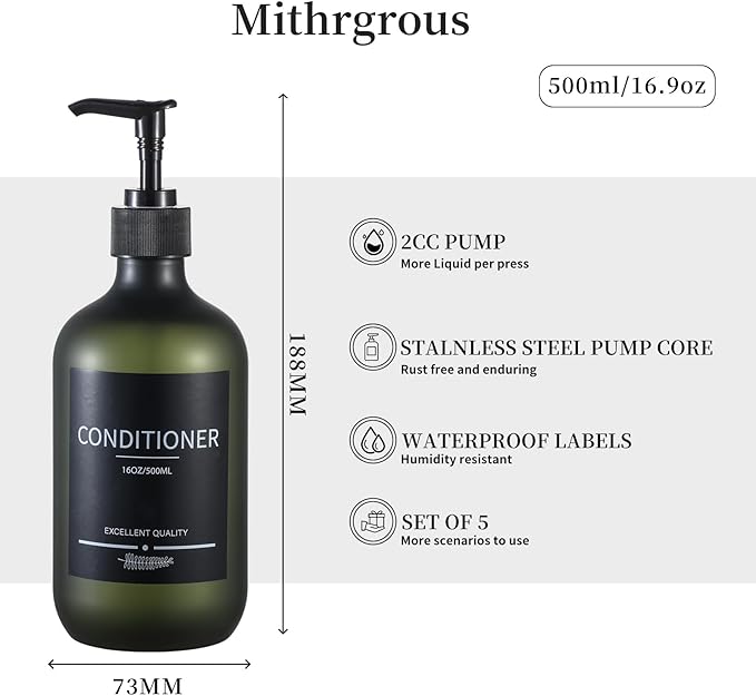 Plastic Refillable Shampoo and Conditioner Bottles with Pumps and Labels (5-Pack, Green)