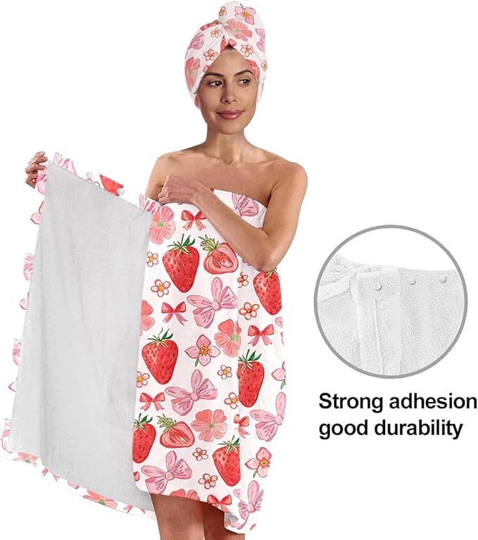 Women’s Strawberry & Bow Bath Wrap Set with Quick-Dry Bath Skirt and Hair Towel, Soft Absorbent Microfiber Spa Shower Body Wrap with Elastic Closure, As for Home Beauty, Gym, Dorm (Strawberry 4)