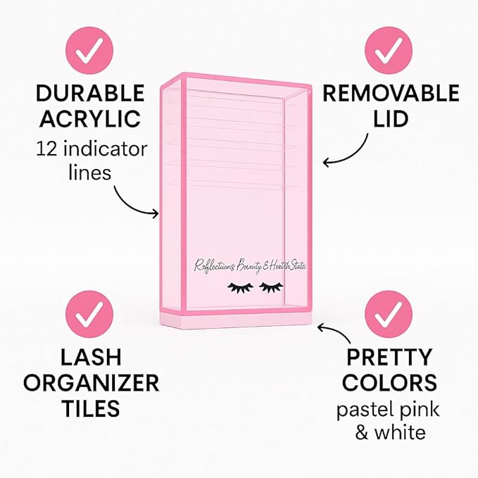 Acrylic Eyelash Storage Box - Eyelash Extension Organizer Box - Lash Organizer Tiles for Lash Extension - Perfect for Eyelash Holder, Eyelash Case and Eyelash Storage Case (pastel pink & white)