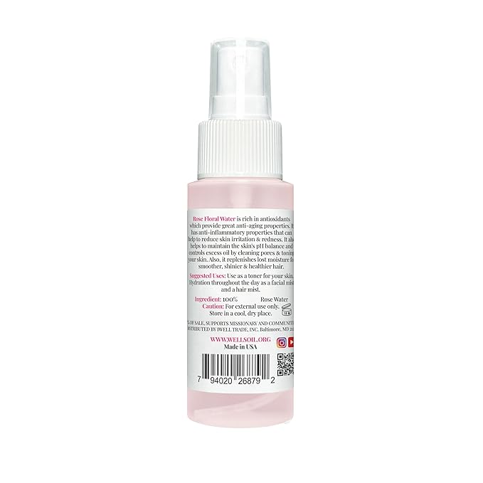 Well's Oil Rosewater Face & Hair Mist Spray (2 fl oz / 59 mL) | Floral Rosewater Hydrosol | Alcohol-Free